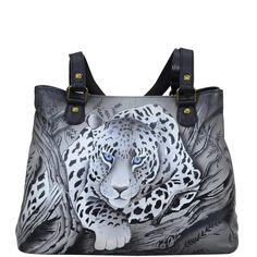 Anna by Anuschka style 8397, handpainted Shoulder Satchel. African Leopard painting in black color. Featuring inside two multipurpose pockets with gusset, one zippered wall pocket and one open wall pocket. Painted Handbags, Leopard Artwork, African Leopard, Inspired Handbags, Hand Painted Leather, Classic Handbags, Best Handbags, Leather Handbags Tote, Painting Leather