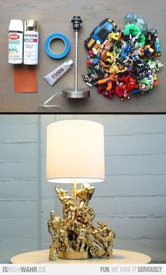 two pictures side by side one has a lamp and the other has toys on it