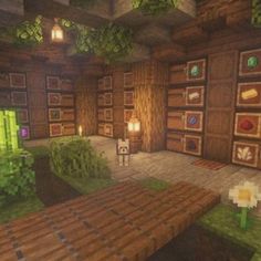 the interior of a minecraft house with lots of wood and plants on the walls