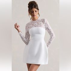 White Dress With Lace Sleeves. Size Us 10 Never Worn Perfect For Engagement, Bridal Shower, Rehearsal, Etc. Long Sleeve Lace Mini Dress, Club L London, Black Dress Prom, Black Tie Gala, Bridal Brunch, Christmas Party Dress, Hen Do, Black Velvet Dress, Line Skirt