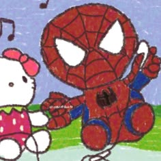 a drawing of hello kitty and spider - man with music notes on the wall behind them