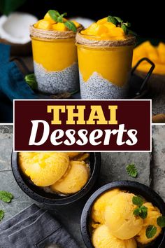 thai desserts in small black bowls with text overlay that reads, thai desserts