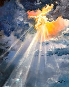 a painting of the sun shining through clouds