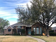 a house with a tree in front of it and a walkway leading to the front door