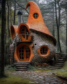 an unusual house in the woods with orange walls and steps leading up to it's entrance