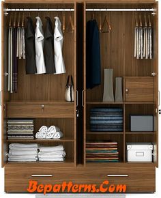 an open wooden wardrobe with clothes hanging on it