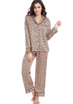 PRICES MAY VARY. Made from a luxurious silk-like satin fabric, this pajama set is soft and lightweight, perfect for sleeping, lounging, or daily casual wear. Top with notch collar, piping trim, chest pocket, and center front closure with (4) shell buttons. Pant has comfy elastic waistband and adjustable drawstring. Loose fit and cozy style with beautiful detail. These silky satin pajamas are great for party, bridal, or as a gift for your wife, mother, daughter and friends. US SIZE: XS=(US 0-2), Floral Print Short Sleeve Sleepwear For Pajama Party, Womens Monkey Pajama Set Medium, Animal Print Pajamas, Cheetah Print Pajamas Satin, Leopard Pajamas, Satin Pjs, Satin Pajama Set, Satin Pajama, Babydoll Lingerie