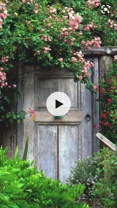 an old wooden door surrounded by flowers and greenery with a video sign in the middle