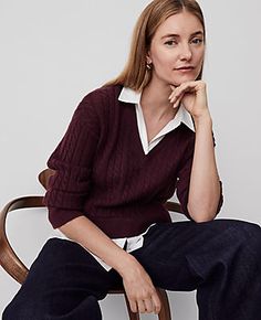 This double duty piece is cleverly constructed with a woven collar and hem, for a stylish layered effect. Sweater: V-neck. Long sleeves. Drop shoulders. Side slits. Ribbed neckline, cuffs and hem. Woven point collar and shirttail hem. Knit body and sleeves.,Imported:Imported,Fit:Relaxed fit,Length:19 1/2" long,Fabrication:Knit: 50% Acrylic, 26% Nylon, 24% Polyester; Woven: 59% Cotton, 38% Viscose, 3% Elastane,Garment Care:Machine Washable Collared Mixed Media Sweater by Ann Taylor Size regular - Sweaters With Collared Shirts, Wine Sweater, Plum Sweater, Ann Taylor Petite, Petite Sweaters, Knitted Suit, Maroon Sweater, Burgundy Sweater, Autumn Colors