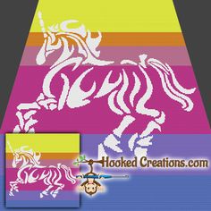 a cross stitch pattern of a unicorn on a multi - colored background with the words hooked creations com