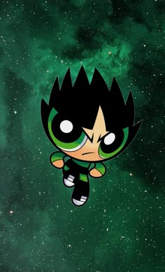 an anime character with black hair and green eyes, standing in front of the stars