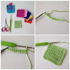 crochet and knitting supplies are shown in four different pictures, including the green square