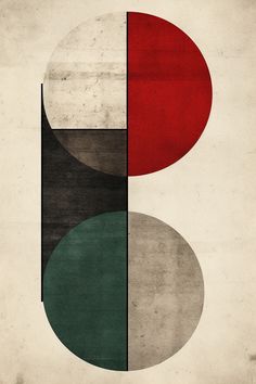 an abstract painting with two circles and one red circle in the center, on top of a beige background