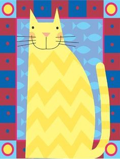 a yellow cat sitting in front of a blue and red background with fish on it