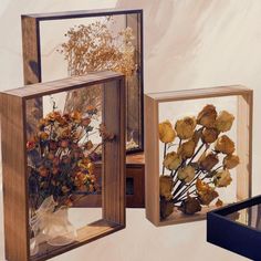 three wooden frames with dried flowers in them