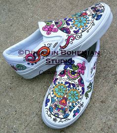 This listing is for a pair of Custom Painted Womens size Vans in my Day of the Dead, Sugar Skull Design. Super Popular Design! I have painted them on Jeans. Jackets, TOMS, Vans and Chucks! If Vans has the size, I can paint them for you. This p[rice is for the shoes with with painting. Let me know the size upon making payment and I will order them for you. If you are interested in painted Vans but would like something different for yourself, please check out my website www.dreaminbohemian.com ... Vans For Women, Sharpie Shoes, Vans Custom, Painted Shoes Diy, Painted Vans, Custom Shoes Diy, Tenis Vans, Painted Sneakers, Hand Painted Shoes