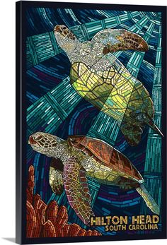 two sea turtles swimming in the ocean with blue and green mosaic tiles on it's sides