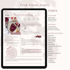 a tablet with the recipe section displayed on it, and an image of food items