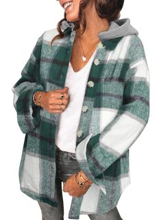 PRICES MAY VARY. 100% Polyester Imported Button closure Machine Wash Feature: Hooded Flannel Plaid Shirts, Button Down, Chest Pockets, Long Sleeve, Shacket Jacket Hoodie, Boyfriend Style,Turn-Down Collar, Loose Fit Shirts. It can be tied at the waist or wrapped around waist, wear as 3/4 sleeves or full sleeve. The plaid shacket is made of comfortable and skin-friendly fabric which is suitable for windy and cold days. Occasion: The fashion button down shacket jacket is perfect choice for your dai Plaid Hoodie, Plaid Shacket, Loose Clothing, Plaid Sleeve, Womens Jackets Casual, Grid Print, Orange Plaid, Color Naranja, Hooded Shirt