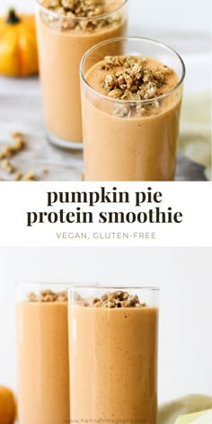 pumpkin pie protein smoothie in two glasses