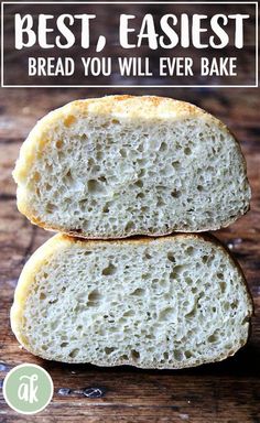 two loaves of bread sitting on top of a wooden cutting board with the words best, easyest bread you will ever bake