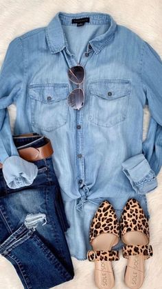 Casual Cute Outfits, Outfits Street Styles, Fashion For Summer, Drama Fashion, Leopard Print Outfits, Looks Jeans, Cute Leopard, Leopard Print Shoes, Denim On Denim