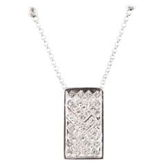 Gorgeous, Unique Diamond Plaque Pendant w/ Unique Chain Plaque Features Invisible-Set Princess-Cut Diamonds Interrupted by a Zig-Zag Dimensions of Plaque = 9 mm Wide x 16 mm Long Zig-Zag is set with Round Brilliant Pavé-Set Diamonds 14k White Gold Chain Features Four Bezel-Set Diamond Links Total Diamond Weight = 1.60 ct Average Color = H - I Average Clarity = VS - SI Total Mass = 3.7 grams Unique Diamond Pendant, Contemporary Wedding Rings, Plaque Design, Diamond Pendants Designs, Diamond Pendant Sets, White Gold Chain, White Gold Chains, Diamond Cross Pendants, Elegant Pendant