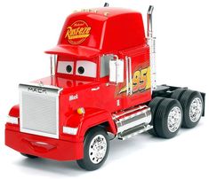 a red toy truck with lightning bolt on the front and sides, facing away from the camera