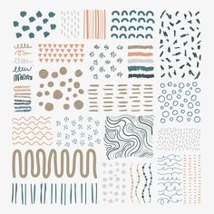 a variety of different patterns and shapes on a white background, including lines, dots, circles