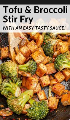 tofu and broccoli stir fry in a skillet with an easy tasty sauce