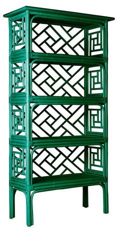 a green shelf with four shelves on each side and an intricate design in the middle