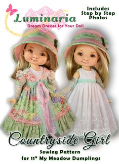 two dolls are wearing dresses and hats for the doll maker's book, lunania dream dress for your doll