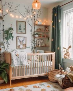 a baby's room decorated in white and green