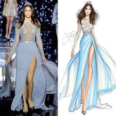 a fashion sketch and an illustration of a woman in a dress with high slits