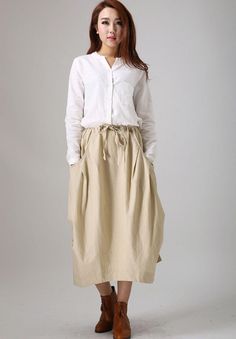 Beige Long Skirt Outfit, Beige Long Skirt, Long Skirt Outfit, Custom Skirt, Midi Pleated Skirt, Long Linen Skirt, Skirt Linen, Drawstring Skirt, Tailored Clothes