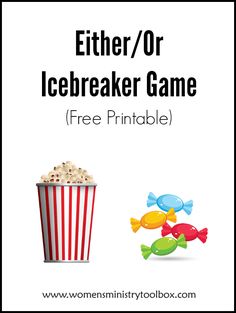 an image of a popcorn box with the text, either or icebreaker game free printable