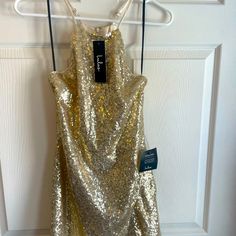 Brand New, Gold Sequin Party Dress. Nwt. Zipper Back Gold V-neck Mini Dress For Party Season, Gold Sleeveless Shimmer Mini Dress, Gold V-neck Mini Dress For Night Out, Gold V-neck Sequin Party Dress, Champagne Sequined V-neck Mini Dress, Gold Party Dress, Sequin Party Dress, Gold Sequin, Gold Party