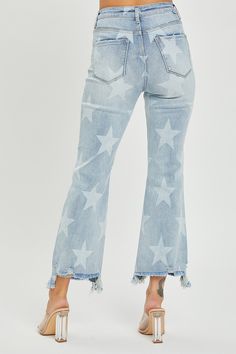 Specifications: High Rise Cropped Ankle Flare Stretch Denim Rise 10 1/2" Inseam 27 1/2" in size 3/26 Model Info: Height 5'8" | Waist 24" | Hips 34 Printed Denim, Plus Size Jeans, Flared Jeans, Star Print, Retro Inspired, Wide Leg Jeans, Straight Jeans, Flare Jeans, Stretch Denim