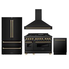 an oven, range and refrigerator with gold trimmings on the doors are shown