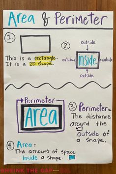 a piece of paper taped to a wall with information about the area and perimeter on it