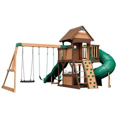 a wooden swing set with a green slide