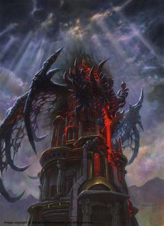 an image of a giant demonic creature on top of a tower with fire coming out of it