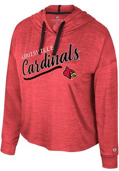 Wear your Cardinals spirit with pride in this Louisville Cardinals Long Sleeve Hoodie! Fight off the chill in this Louisville Womens Red Marina Hooded Sweatshirt. This Cardinals Long Sleeve Hoodie features a screenprint team name and logo on center chest. 2nd color taping on neck and hood seams, Self fabric cuffs, 2nd color drawcords, Striped marled polyester body, Finished bottom hem, 100% POLYESTER, 4 Hooded Tops With Team Logo For Fans, Hooded Tops With Team Logo For Fan Gear, Hooded Team Spirit Tops With Logo, Hooded Fan Apparel Tops With Team Name, Team-colored Hooded Top For Fan Gear, Team Spirit Long Sleeve Tops With Drawstring Hood, Hooded Tops With Team Logo, Team-colored Hooded Tops With Team Logo, Game Day Fan Apparel Tops With Drawstring Hood