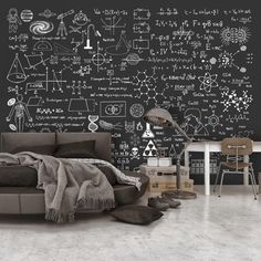 a bedroom with chalkboard wallpaper and a bed in the foreground is a chair