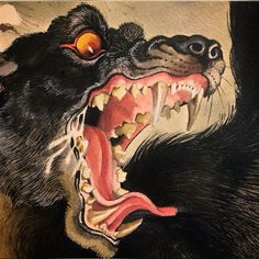 a painting of a dog with its mouth open