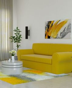 a living room with yellow furniture and white walls