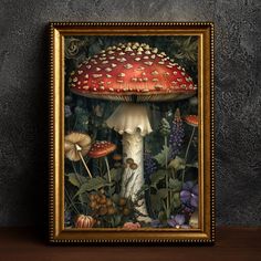 a painting with mushrooms and other plants in it