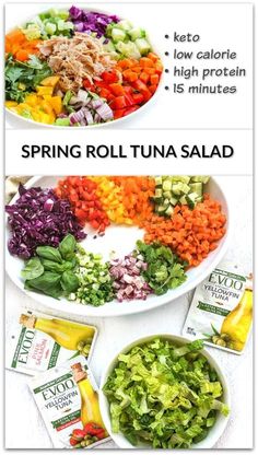 two plates with different types of salads on them and the words spring roll tuna salad