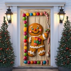 a door decorated with christmas decorations and a gingerbread man holding a candy cane in front of it