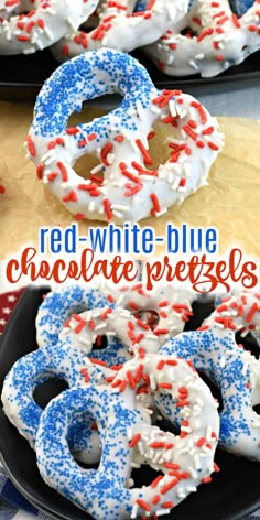 red, white and blue chocolate pretzels with sprinkles on them